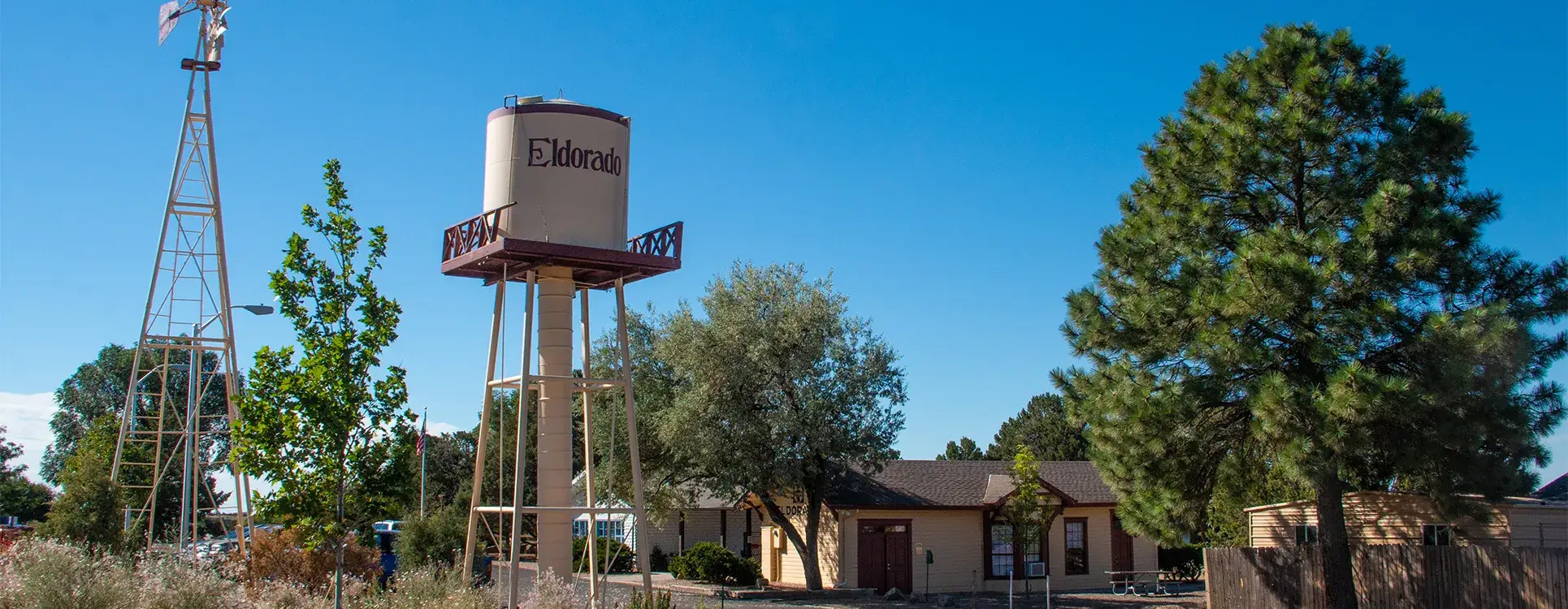 View of Eldorado, Santa Fe water tower and properties